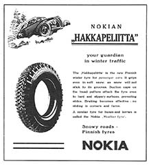 Nokian Hakkapeliitta -renkaita tehtiin jo 1930-luvulla. Ilmoitus on vuodelta 1939.