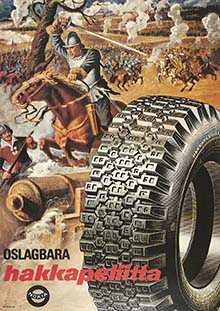Nokian nastarenkaiden valmistus alkoi 1961. Kuvassa mainos nastoitetusta Hakkapeliitasta vuodelta 1964.