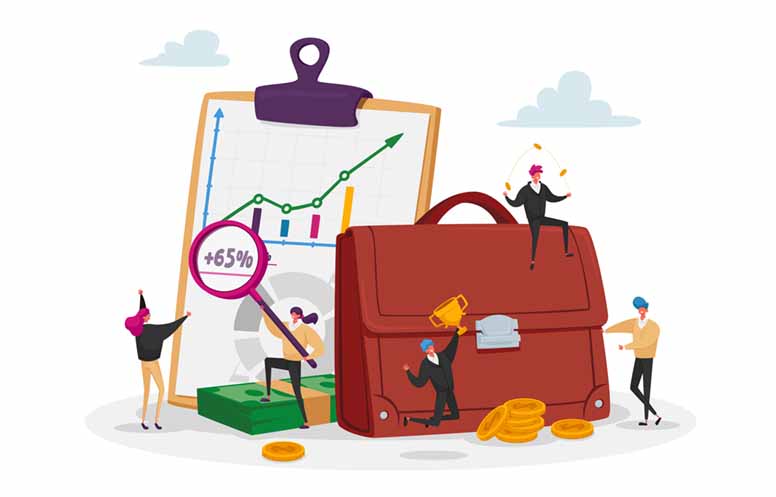 Henkilöitä, rahaa, suurennuslasi, salkku