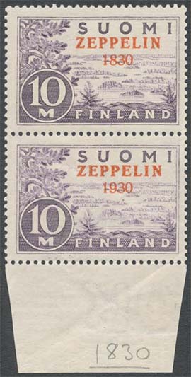 Filateliapalvelun 19.8. päättyneessä nettihuutokaupassa oli myynnissä erikoinen kohde, Zeppelin virhepainama 1830 pystyparina arkin reunalla. Kohde on postituore, ja alemmassa merkissä (ei virhepainamassa) on tyypillinen liimataittuma. Kohteen lähtöhinta oli 1 500 euroa, mutta siitä se nousi noin 2 400 euroon.