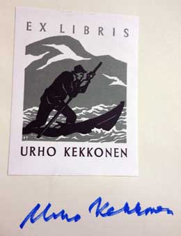 Saunakirja Urho Kekkosen exlibriksellä ja nimikirjoituksella