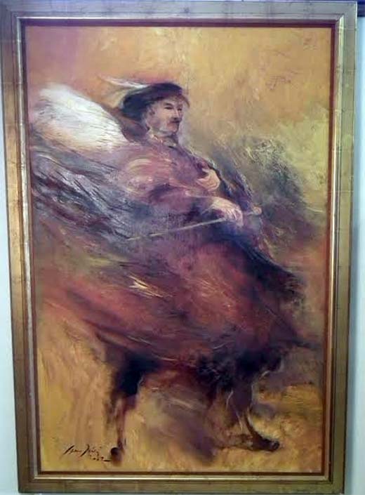 Huutokauppahuone Aleksilla on ollut myynnissä useita Olli Joen töitä, ja niin on sunnuntaina 19.2. pidettävässä huutokaupassakin. Tarjolla on mm. poikkeuksellisen iso öljyvärityö ”Mies Menneisyydestä. A Man from the Past” vuodelta 2002. Työn koko kehyksineen on 200 x 138 cm. Lähtöhinta on laitettu maltillisesti tuhanteen euroon, mutta sillä sitä ei saa omakseen. Tätä korkeampia ennakkotarjouksiakin on jo tehty. Kuva: Huutokauppahuone Aleksi