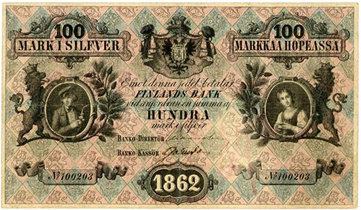 Holmastolla huutokaupataan 16.12. hyväkuntoinen 100 markan seteli vuodelta 1862. Minimihinta on 4 000 euroa. Setelissä on neljä pientä neulanreikää, mikä on vanhoissa seteleissä varsin tavallista. Rahaliike Holmasto