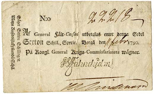  Faanejelm-seteliharvinaisuus oli myynnissä Rahaliike Holmaston huutokaupassa syyskuussa 2015. Kyseessä oli 16 shillingin maksusitoumus vuodelta 1790. Sen lähtöhinta oli 9 000 euroa.