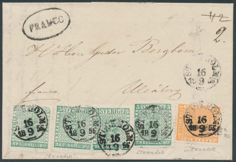 Postimerkkihuutokaupan jännittävin myyntikohde on ilman muuta tämä Tukholmasta Ouluun vuonna 1856 lähetetty kirje, jossa on harvinainen merkkikoostumus pyöröleimoineen. Kuva: Filateliapalvelu