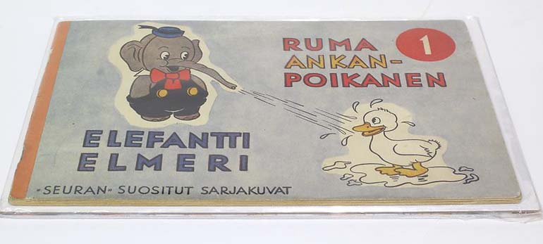 Panttihuutokaupassa näyttävään hintaan myyty ”Elefantti Elmeri” on aika hyvässä kunnossa, joskin kannen taitoksessa on kulumaa, ja lisäksi siinä on vähäisiä likatahroja. Kuva: Helsingin Pantin huutokauppa