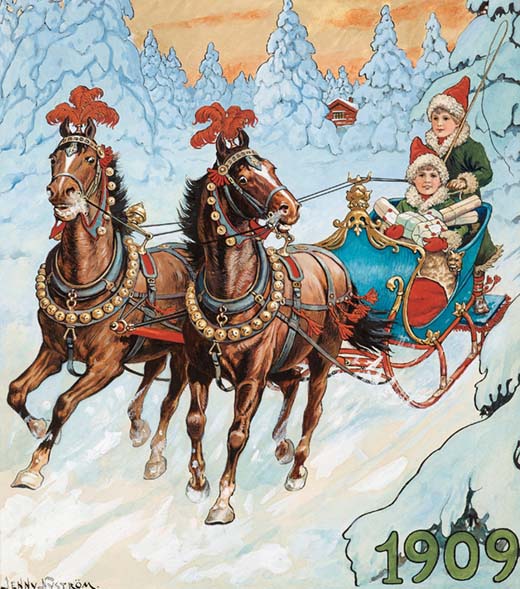 Ruotsalaisen joulukuvittajan Jenny Nyströmin maalaukset ja piirrokset ovat varsin arvokkaita. Tämä akvarelli ja guassi vuodelta 1909 (30 x 34) cm myytiin Bukowskisin huutokaupassa Tukholmassa noin 40 000 eurolla.