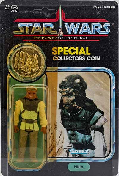 Varsin korkealle noteerattiin Bukowskisin Star Wars -erikoishuutokaupassa myös tämä avaamaton paketti nimeltään Nikto POTF 92 back AFA75 EX+/NM, Kenner 1985. Siitä maksettiin huutomaksuineen noin 4 500 euroa. Kuva: Bukowskis