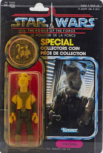 Bukowskisilla oli keväällä erityinen Star Wars -keräilyesineisiin liittyvä huutokauppa, jossa myytiin mm. tämä ”STAR WARS, Power of the Force, Yak Face, UK graders Y80%, Kenner F/C 92 BK”, vuodelta 1985. Se oli alkuperäispakkauksessaan. Kuudesta kilpahuutajasta kolme luopui kisasta 1 500 euron kohdalla. Voittaja maksoi löydöstään huutomaksuineen lähes 6 000 euroa. Kuva: Bukowskis