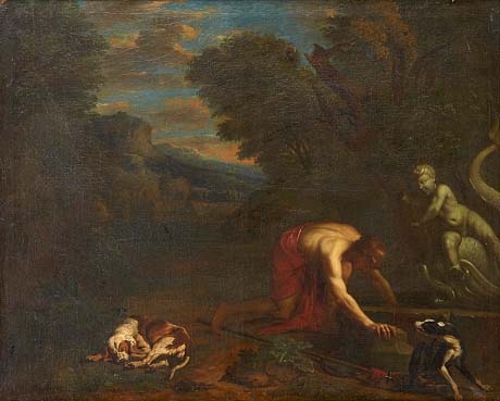 Alankomaalaisen taiteilijan Hendrik Govaertsin (1669–1720) maalaus Narcissus. Maalauksen koirat on ilmeisesti maalannut taidokkaista eläinhahmoistaan tunnettu Abraham Hondius (1631 –1691). Maalauksen lähtöhinta oli 20 000 kruunua, loppuhinta 15 000 kruunua eli 1 548 euroa. Kuva: Stockholms Auktionsverket 