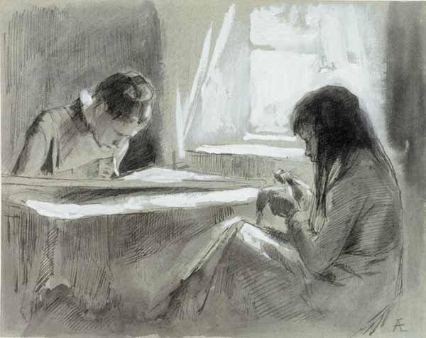 Albert Edelfelt: Kaksi ompelevaa tyttöä ikkunan vieressä, mahdollisesti 1888. Tussi ja guassi paperille, 22,5 cm x 29,0 cm. Kuva: Kansallisgalleria / Jenni Nurminen