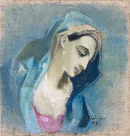 Bukowskisin Tukholman Klassiska-huutokaupassa 2.-5.6. on myynnissä  Helene Schjerfbeckin öljymaalaus kankaalle, Sininen madonna El Grecon mukaan. Työn lähtöhinta on 375 000-428 000 euroa.