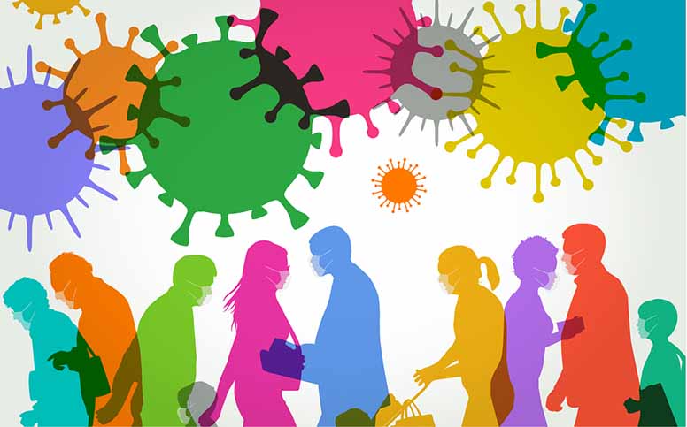 Ihmisiä, kasvomaskeja ja koronaviruksia