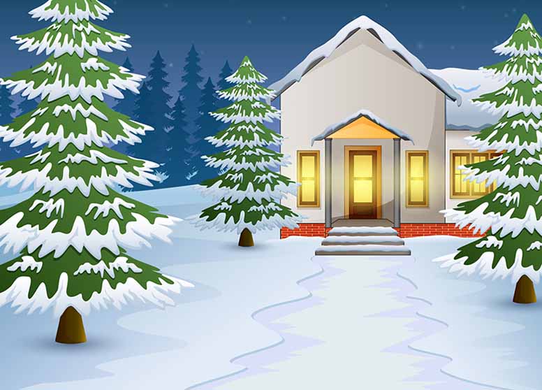 Omakotitalo, kuusia ja lunta