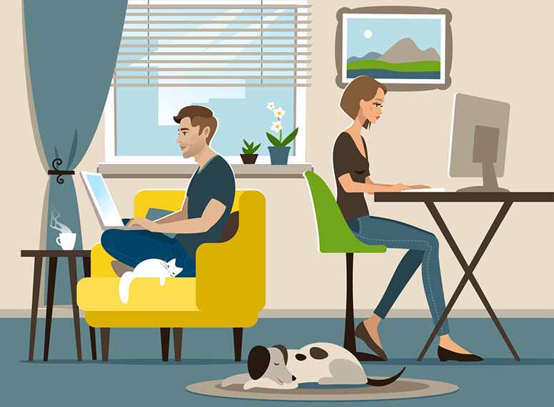 Mies, nainen, kissa ja koira ja tietokoneet