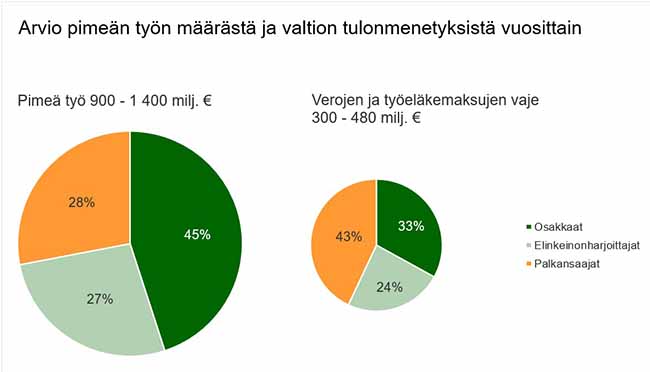 Arvio pimeän työn määrästä ja valtion tulomenetyksistä vuosittain Kuva: Harmaan talouden selvitysyksikkö, 2022