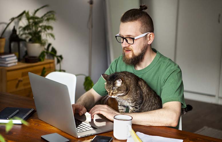 Mies, kissa, tietokone ja kahvikuppi