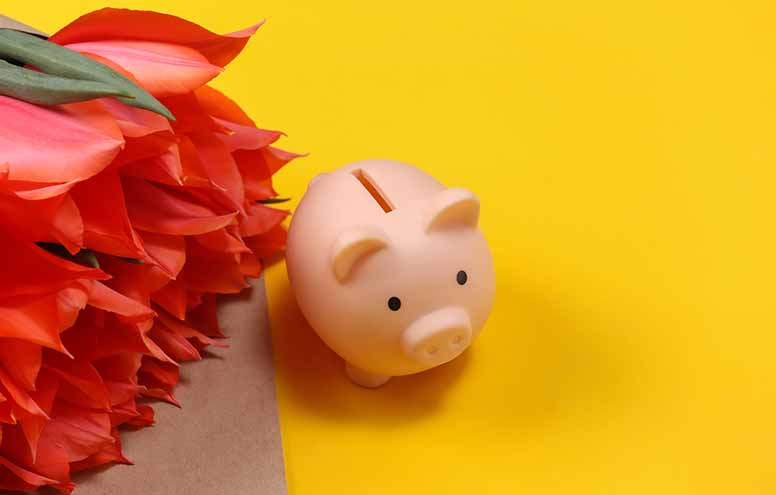 Punaiset tulppaanit ja säästöpossu