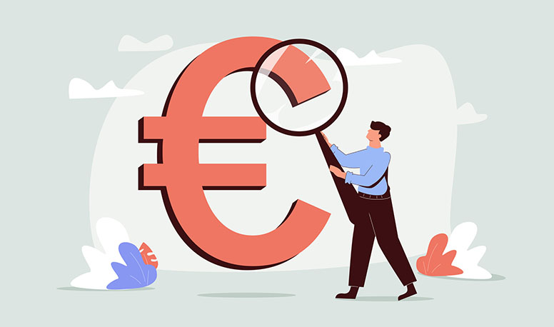 Nainen, suurennuslasi, raha, sijoitus, euro