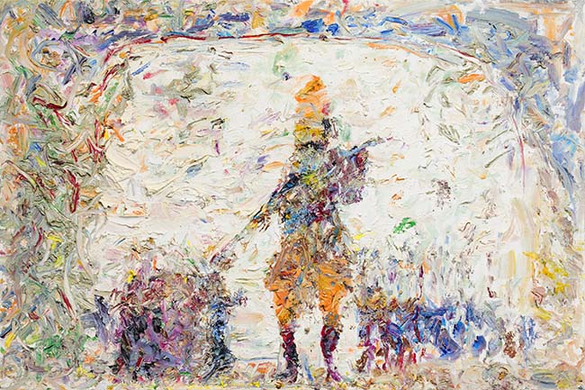 Rafael Wardi (1928–2021) on hyvä esimerkki taiteilijasta, jonka monet tuotantovaihteet ovat olleet suosittuja ja hinnat nousujohteisia. Wardin teokset ovat taidesijoituskohteita ja odotusarvona on maalausten hintojen moninkertaistuminen tulevaisuudessa. Wardin näyttely Didrichsenin taidemuseolla on 28.1.2024 asti. Rafael Wardi: Daavid ja Goljat III, öljy kankaalle, 80 x 120 cm (yksityisomistuksessa). Kuva: Rauno Träskelin. © Kuvasto 2024.