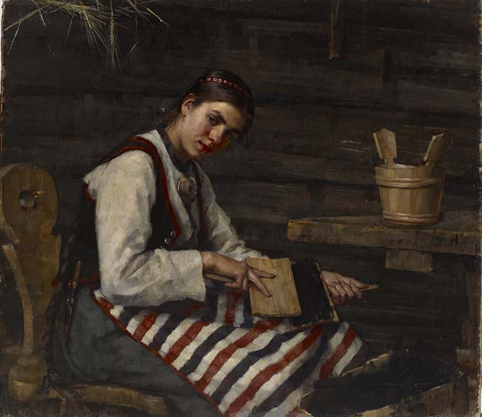 Maria Wiik: Karstaava tyttö. 1883. Öljy kankaalle. 113,5 cm × 130 cm. Kansallisgalleria / Ateneumin taidemuseo. Kuva: Kansallisgalleria / Kirsi Halkola.