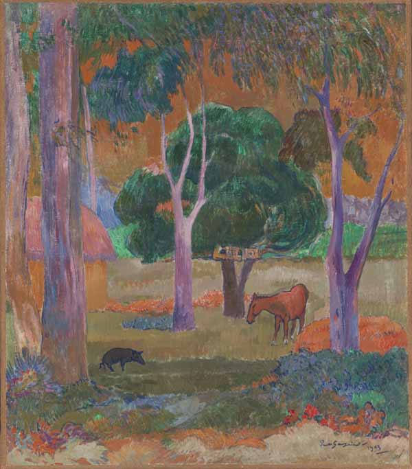 Ateneumissa Antellin kokoelmissa on maailmankuulun taiteilijan Paul Gauguinin teos Maisema, sika ja hevonen (1903), jota Gauguin-asiantuntija Fabrice Fourmanoir epäilee väärennökseksi. Teoksen aitous on tutkinnassa. Kuva: Kansallisgalleria, Hannu Aaltonen