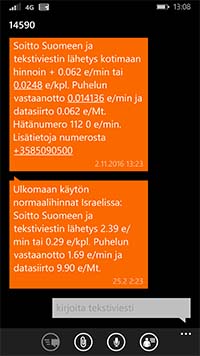 Operaattorin tekstiviesti kertoo hinnat matkakohteessa. Yhden tarkan valokuvan lataus maksaisi Israelin matkapuhelinverkossa 30 euroa.