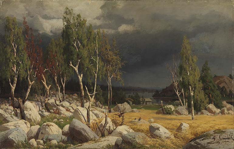 Fanny Churberg: Kaski, maisema Uudeltamaalta, 1872. Öljy kankaalle, 54 cm x 85,5 cm. Ahlströmin kokoelma, Kansallisgalleria / Ateneumin taidemuseo. Kuva: Kansallisgalleria / Yehia Eweis.