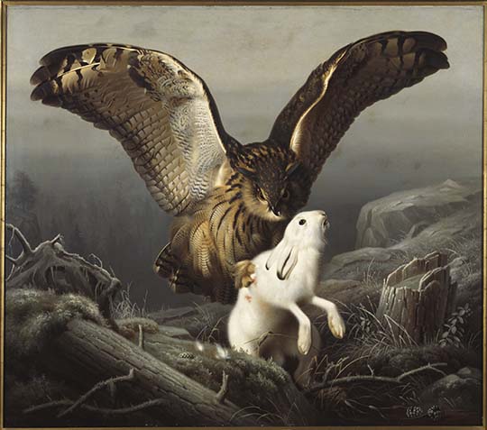 Ferdinand von Wright: Huuhkaja iskee jänikseen (1860, Ateneumin taidemuseo). Tämä teos on monelle tuttu. Laajemmin Ferdinandin ja hänen veljiensä töihin pääsee tutustumaan Ateneumissa, jossa avattiin viime vuonna Suomen itsenäisyyden satavuotisjuhlavuoden kunniaksi von Wrightin veljesten yhteisnäyttely. Teosten arvosta kiinnostuneille tiedoksi, että yleensä suurimmat museonäyttelyt nostavat taiteilijan töiden hintatasoa 2-4-kertaiseksi normaalitilanteeseen verrattuna ja vaikuttavat jopa muutaman vuodenkin näyttelyn loppumisen jälkeen. Kuva Ateneum/Museokuva