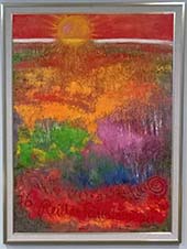 Kuvassa on Reidar Särestöniemen nimiin väärennetty maisemamaalaus, joka myytiin tammikuussa 2013 Pohjois-Suomessa 30 000 eurolla. Työ on tuomittu valtiolle. Kuva Rikosmuseo / KRP