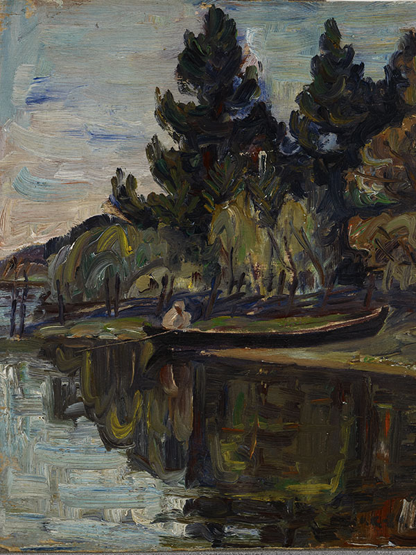 Väinö Kamppuri: Metsää, rantaa, soutuvene, 1924. Öljy vanerille. 39,5 cm × 31 cm. Erkki Ryhäsen kokoelma. Kansallisgalleria / Ateneumin taidemuseo. Kuva: Kansallisgalleria / Hannu Pakarinen. © Kuvasto 2020.