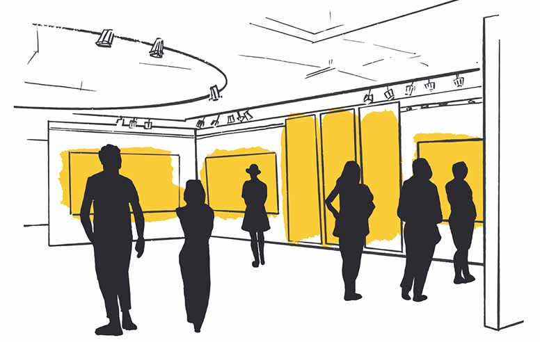 Ihmisiä taidegalleriassa