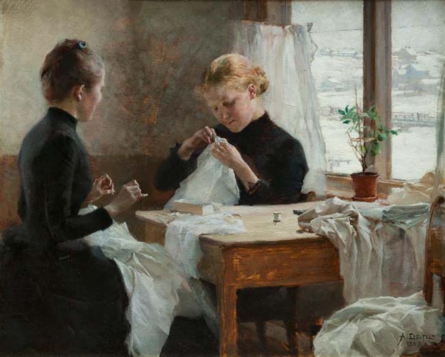 Albert Edelfelt: Ompelijattaret. 1887. Öljy. 37,5 cm x 46,5 cm. Pekka Salojärven kokoelma, Keski-Suomen museo. Kuva: Pekka Helin, Keski-Suomen museo.