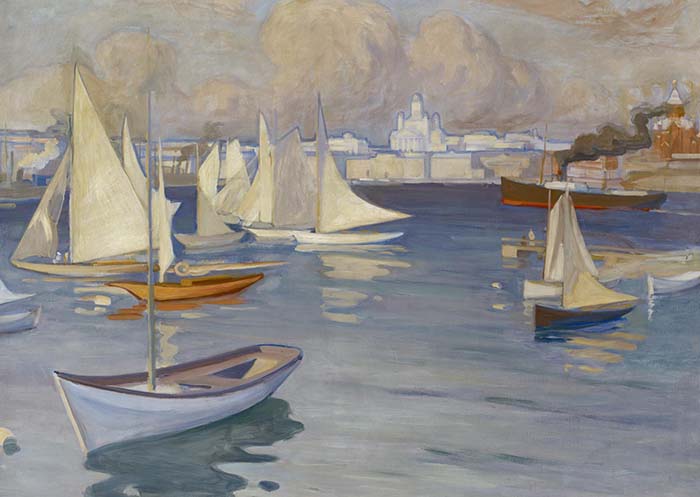 Rakastetun klassikkotaiteilijamme Albert Edelfeltin (1854–1905) Nyländska Jaktklubbenin soutusatama Helsingissä vuodelta 1899 oli esillä maineikkaassa vuoden 1900 Pariisin maailmannäyttelyssä. Kaksi vuotta myöhemmin se ostettiin Ateneumin kokoelmiin. Maalaus on ollut tasavallan presidentin työhuoneen seinällä vuosina 2000–2020 ja näkynyt taustalla presidentin televisioiduissa uudenvuoden puheissa. Teos on esillä 5.5.–17.9. Ateneumin taidemuseossa. Kuva Kansallisgalleria, Kirsi Halkola.
